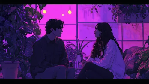 Neon greenhouse conversation under magenta gradient light.