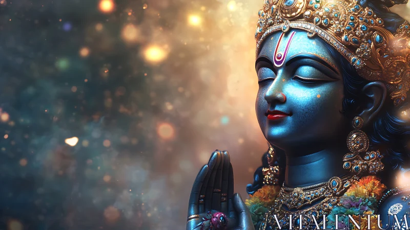 Serene blue deity in jeweled light and soft glowing shimmer.