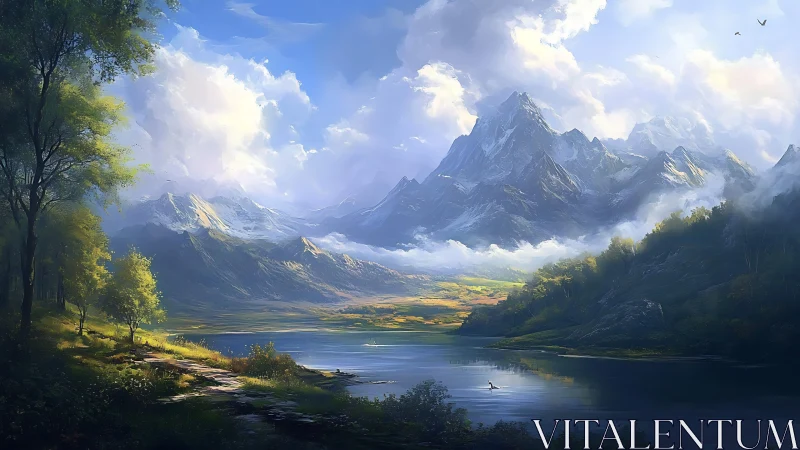 Mountain lake landscape with trees, clouds, and distant peaks.