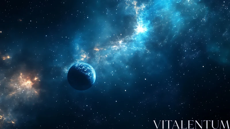 Rendered exoplanet orbits in nebular starfield with blue gas