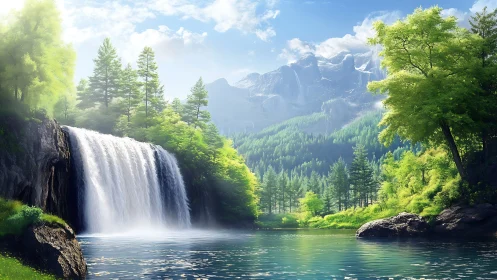 Luminous forest waterfall with alpine backdrop, digital realism.