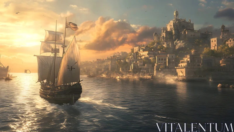 Sunlit galleon approaches terraced coastal citadel at dusk.