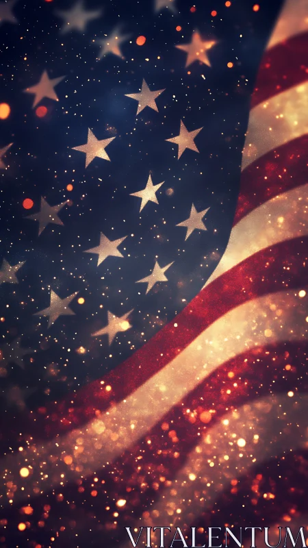 Defocused American flag with particle bokeh and warm tonal gradients