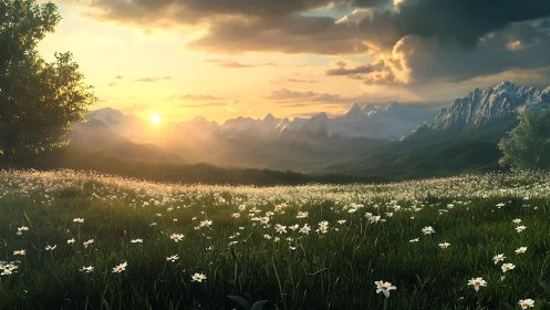 Soft golden sunrise warms wildflower meadow and quiet peaks