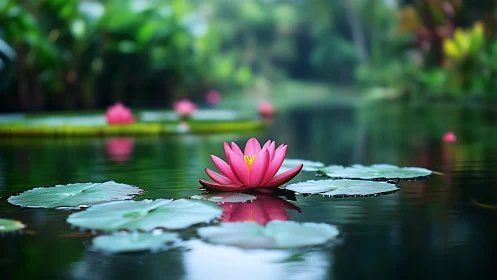 Pink water lily on reflective pond with soft green backdrop.
