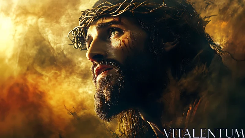 Sorrowful crowned figure gazes upward through burning light