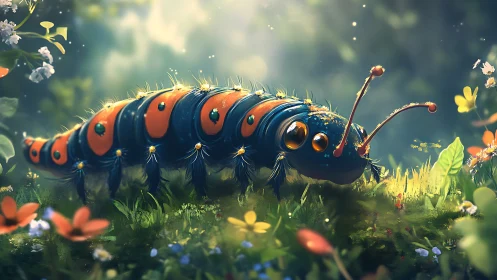 Luminescent caterpillar explores a dreamy wildflower meadow.