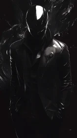 Shadowy suited figure stands poised in sleek dark armor