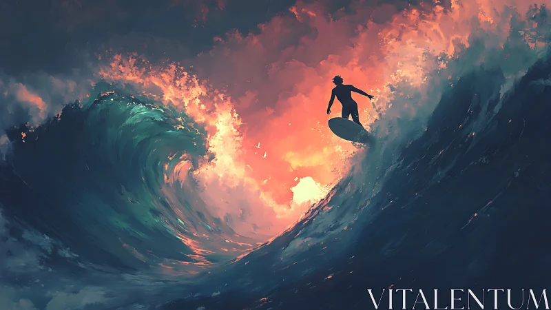 Surfer silhouette on large wave under vivid sunset sky.