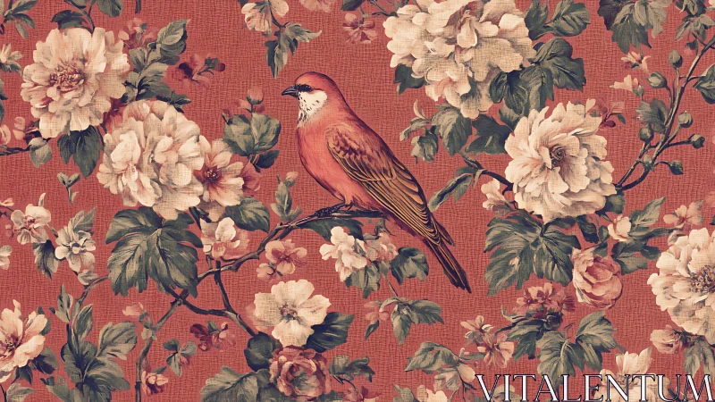 Vintage floral wallpaper with perched red bird and peonies.