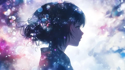 Side profile anime silhouette in cosmic bokeh nebula field