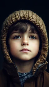 Young Child in Knit Hood Against Dark Background