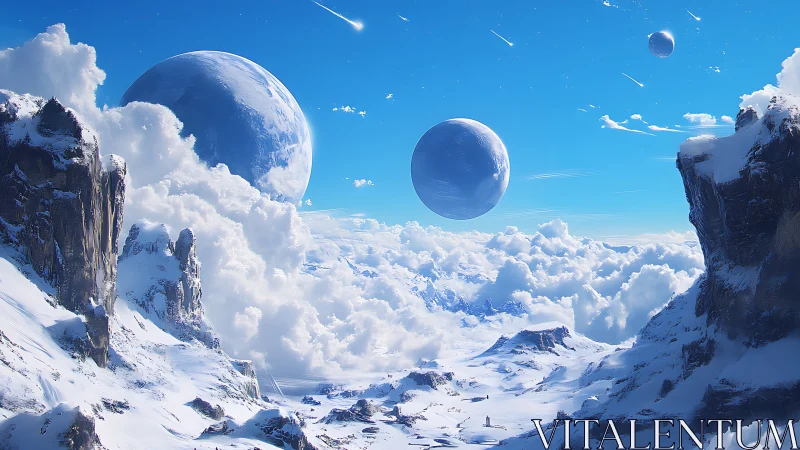 Snowy alien mountain landscape under multiple large moons