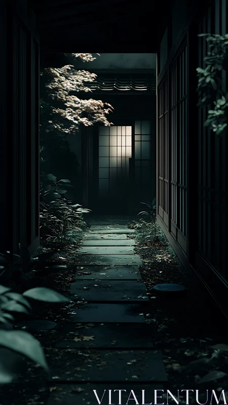 Narrow garden corridor with shoji doors at nightfall.