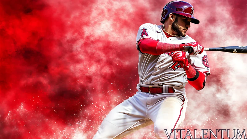 Dynamic baseball batter captured against abstract red motion field