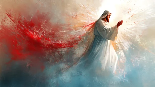 Radiant robed figure walking through light and red mist.