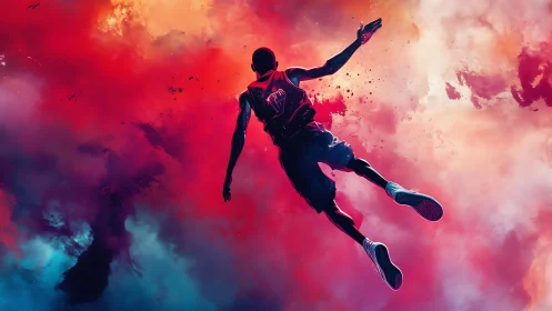Basketball player soars through vivid cosmic clouds.