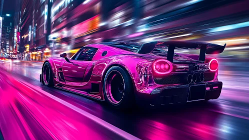 Neon pink sports car racing through futuristic city street.