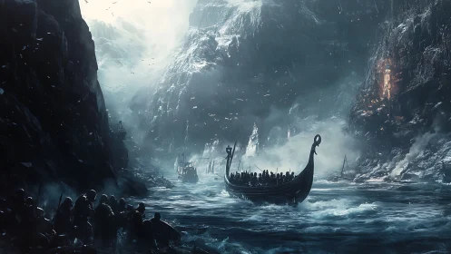Storm-fed longships carve a frozen path between wrathful cliffs