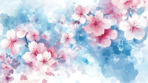 Cherry blossoms float across serene blue watercolor sky.