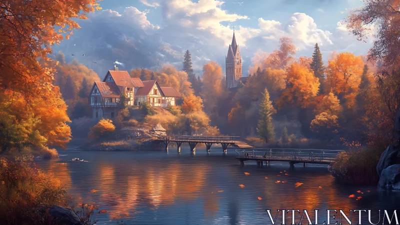 Autumn lakeside manor dreaming beneath misty mountain spires.