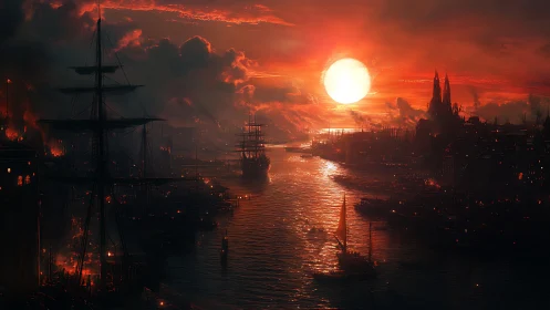 Sunset illuminates burning harbor city with dense ship silhouettes