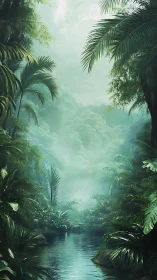 Tropical Canyon with Misty Atmospheric Layering and Riverside Vegetation.