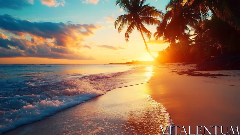 Sunlit palm shore where molten sunset kisses the tide.