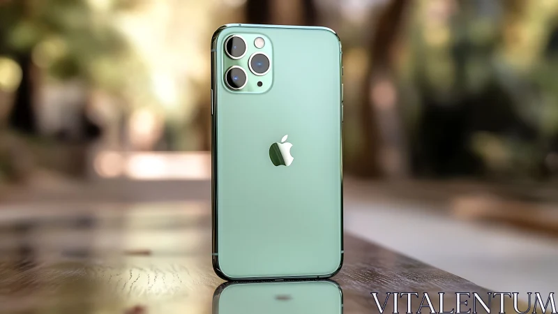 Mint green smartphone shining softly on a sunlit table.