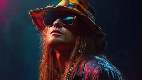 Neon-lit rocker in patterned bucket hat and sunglasses.