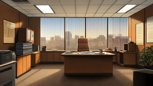 Sunlit corner office throne above a quiet corporate skyline.