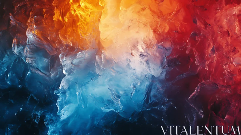 Abstract ice textures show blue, white, orange and red gradients