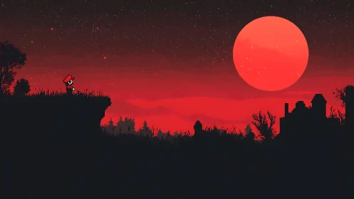 Bold little adventurer gazes toward a glowing red moon