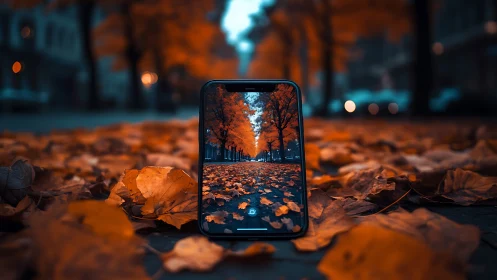 Smartphone Screen Captures Autumn Park Scene with Fallen Leaves.