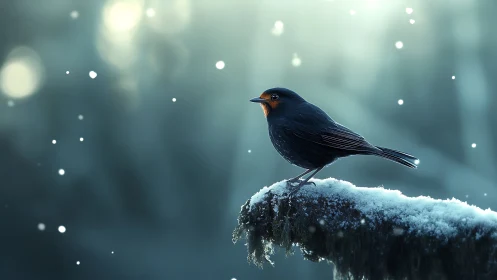 Blackbird on snowy branch in serene winter scene, soft focus.