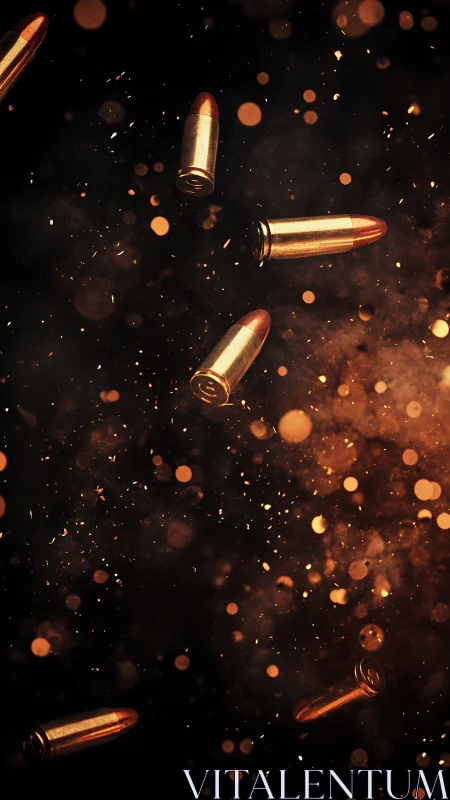 Gold-tipped bullets spin through ember-filled darkness.