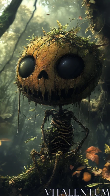 Pumpkin-eyed forest warden perched in mossy twilight.
