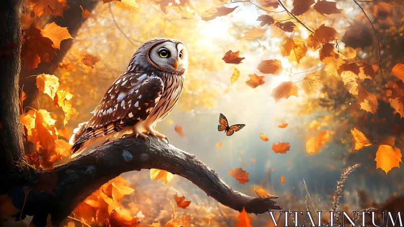 Enchanting Owl on Autumn Branch in Magical Forest Scene.