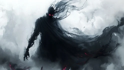 Dark humanoid silhouette stands in swirling monochrome mist