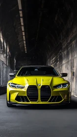 Neon yellow sports coupe glows with power in moody tunnel