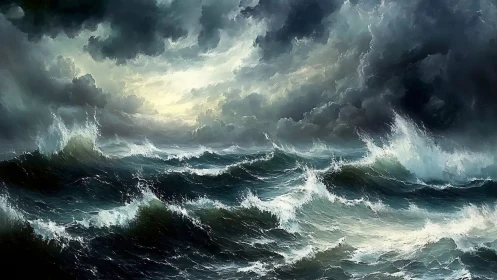 Roaring stormy sea rises under brooding sky and distant light