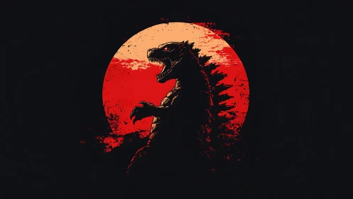 Kaiju silhouette roars before blood-red rising sun circle.