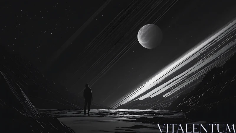 Lone observer beneath oblique planetary ring plane in silhouette.