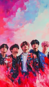 Colorful boy band portrait with vivid pink clouds.