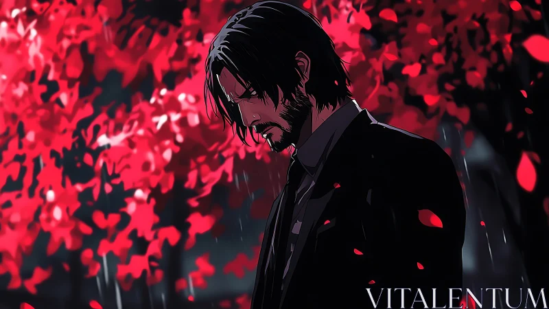 Melancholic suited figure under stylized red foliage in rain