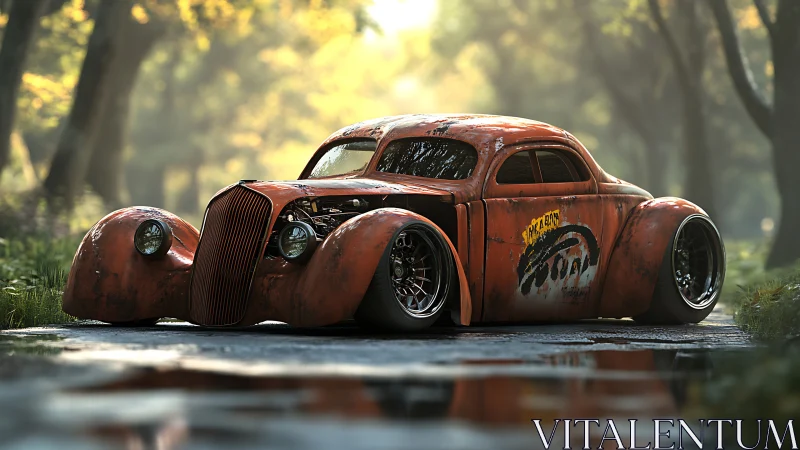 Customized rusty hot rod coupe sits on wet forest road