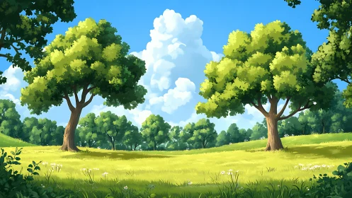 Sunlit deciduous meadow under cumulus cloud formation, midday