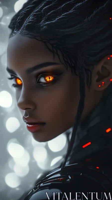 Cyborg woman with emissive amber eyes in high contrast bokeh field