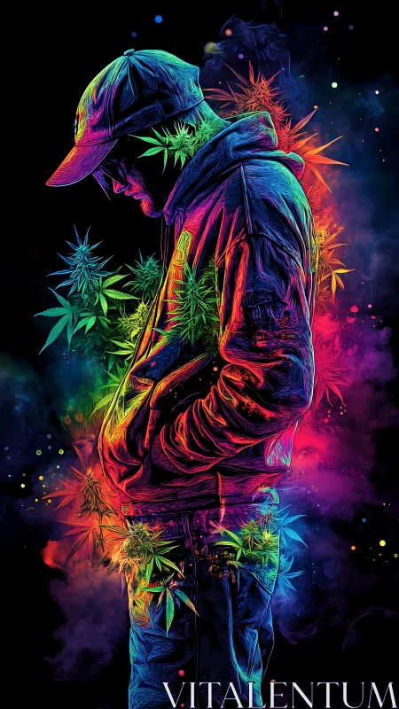 Neon hooded figure glows amid swirling cannabis smoke.