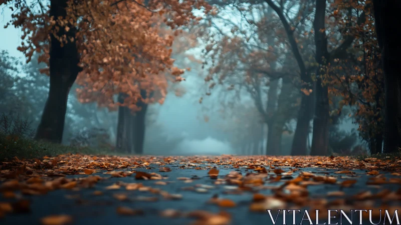 Golden autumn leaves carpet a misty tree-lined pathway